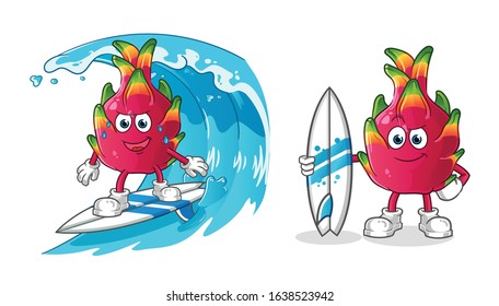 Dragon fruit surfing on the waves cartoon and holding a surfboard. cartoon mascot vector