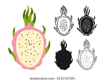 Dragon fruit symbol cartoon set. Juicy half dragon fruit linear doodle icon. Abstract tropical flat hand drawn fruit. Sign stylized simple cute linear art. Vector clipart graphic trendy illustration