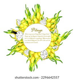 Dragon fruit tasty circle frame. Sweet dessert of tropical cactus. Exotic pitaya design. Fresh pitahaya exotic food. Yellow juicy slices of vitamin