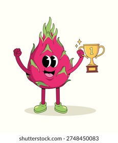 dragon fruit trophy groovy cartoon illustration