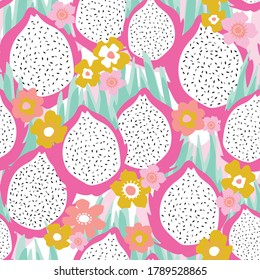 Dragon fruit with tropical florals. Seamless vector repeat pattern. Great for home decor, wrapping, fashion, scrapbooking, wallpaper, gift, kids, apparel.