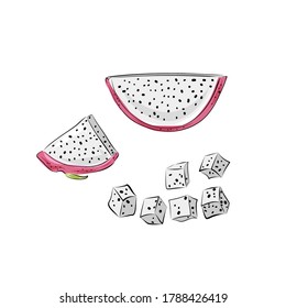 Dragon fruit vector drawing big set. Hand drawn tropical food illustration. Pink summer dragonfruit. Sliced pitya. Botanical vintage sketch for label, juice packaging design and menu.

