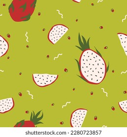 Dragon fruit vector seamless pattern. Perfect for wallpapers, pattern fills, web page backgrounds, surface textures, textile. Illustration of exotic tropical pitayas.
