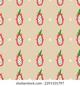 Dragon fruit vector seamless pattern. Tropical doodle background with hand drawn exotic plant. Slice of pitaya wallpaper, textile, wrapping paper print design