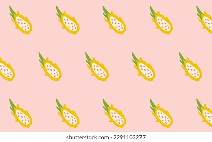 Dragon fruit vector seamless pattern. Tropical doodle background with hand drawn exotic plant. Slice of pitaya wallpaper, textile, wrapping paper print design