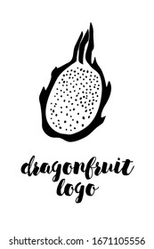 Logo del boceto vector de fruta Dragon. Ilustración de brocha de tinta dibujada a mano aislada en fondo blanco. Icono de fruta cortada para el logotipo, infografía, sitio web o aplicación, diseño de paquetes.