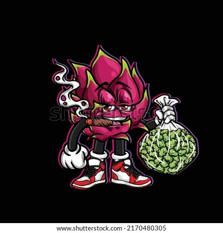 dragon fruit vector smoking blunt cannabis bud nug from flower weed marijuana and happy face