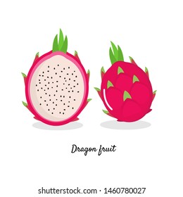 Dragon fruit, whole fruit and half. vector illustration cartoon fruit icon isolated on white background.