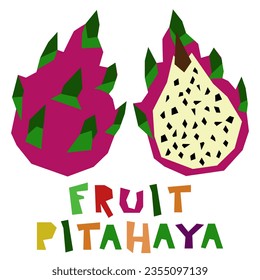 The dragon fruit, whole and in section, is highlighted on a white background. The original signature is pitahaya. Juicy summer fruits for organic food packaging. Geometric stylized flat vector