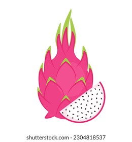 Dragon fruit whole fruit and slice isolated on white background. Selenicereus undatus, strawberry pear, pitahaya or pitaya icon. Vector illustration of tropical exotic fruits in flat style.