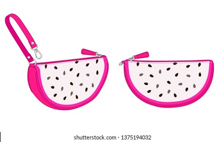 Dragon fruit zip bag, semicircle pouch with wrist strap, vector illustration