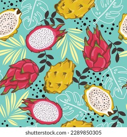 Dragon Fruits seamless pattern design. Fruits on the blue background with tropical leaves.