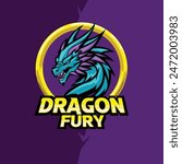 Dragon Fury esport logo with a dragon head painted with blue and purple color and with a shining circle background, that suitable for your esport team logo.
