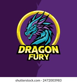 Dragon Fury esport logo with a dragon head painted with blue and purple color and with a shining circle background, that suitable for your esport team logo.