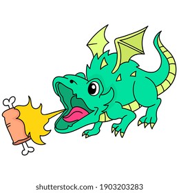 el dragón encendió llamas calientes para asar la carne, el garrapato dibujó kawaii. ilustración vectorial