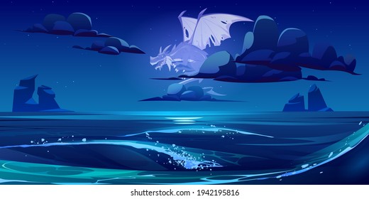 Dragon ghost flying in sky under sea at night