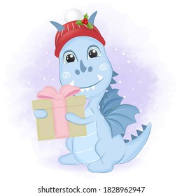 Dragón con caja de regalo en invierno e ilustración navideña.