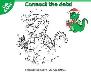 Dragon with a gift in paws. Dot to dot game for children. Connect the dots by numbers and draw a cartoon dragon in Christmas red santa claus hat. Vector puzzle for kids with symbol of the New Year.