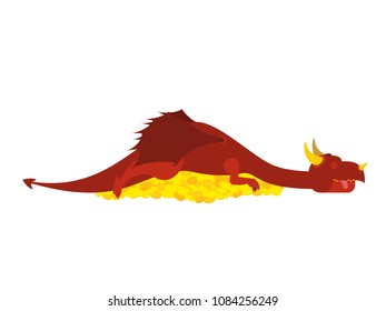 Dragon and gold. Mythical Monster protects treasures. Terrible huge beast lying on pile of coins