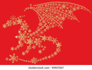 dragon from gold snowflake on red background