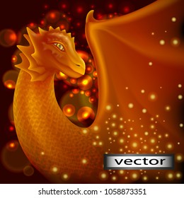 Dragon Golden of fire, vector illustration. Isolated on black background. Yellow fire skin, dragon scales. Yellow, Golden eyes, glow in the dark. Magic fantasy.3D, grid, realistic illustration.