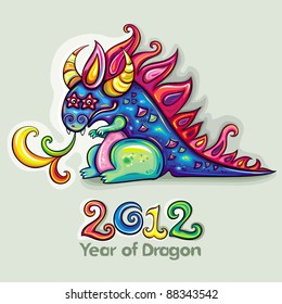 dragon greeting card. Oriental  New Year theme: Cute, fabulous, magical, blue and funny dragon, spinning rainbow magic fire.  Star eyes. Merry Christmas and Happy new year!