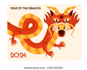 Dragon greeting card template in flat style. Happy Chinese New Year 2024. Traditional Asian holiday lunar calendar. 