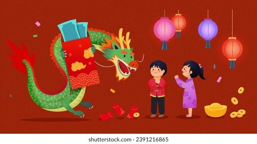 El dragón y el saludo a los niños están aislados en un fondo rojo oscuro. 