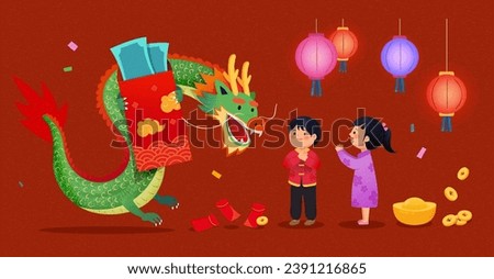 Dragon and greeting children element set isolated on dark red background. 