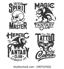 Dragon griffin, skull and cobra snake t-shirt prints, tattoo salon and fantasy club emblems. Gothic Medieval gryphon lion bird, skeleton skull and cobra signs of tattoo salon and fantasy gamers