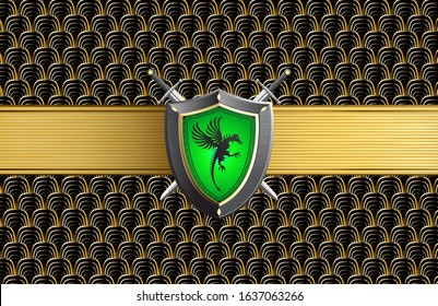 Dragon Guard Green Shield with two sword blades and a golden belt with golden dragon scales vector logo protected background.