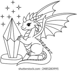 Dragon is guarding the gem outline coloring page