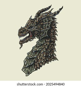 Dragon, hand drawn line style with digital color, vector illustration
