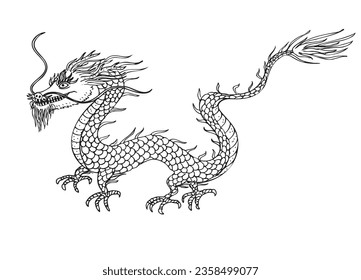 Dragon hand drawn vector illustration on isolated white background Chinese Japanese animal , symbol of 2024, design element for print t-shirt, logo ,poster, template, tattoo, card, coloring