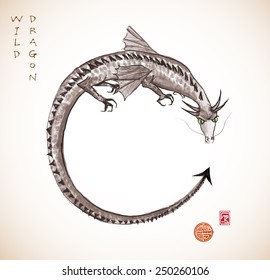 Dragon hand-drawn with ink. Sealed with decorative stamps.