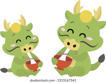 A dragon happily eating zoni and zenzai