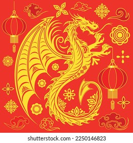 Dragon Happy Chinese New Year - Year of the Dragon, with Lanterns, Flowers, Clouds, Asian Golden oriental elements on Red Background Vector illustration
