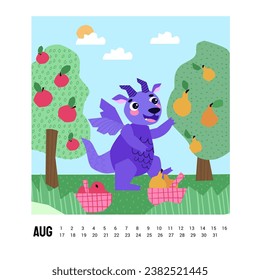 Dragon harvesting in an orchard. August. Summer time. Apple and pear orchard. Ripe apples and pears in the orchard, ready for harvest. Happy Chinese New Year 2024. Year of the Dragon Calendar. Vector