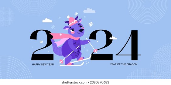 Dragon in a hat and scarf is skiing in the forest. Happy Chinese New Year 2024. Year of the Dragon. Lunar new year celebration concept for greeting card. Blue Banner template. Vector