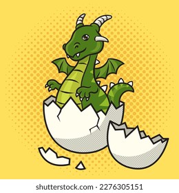 dragon hatched from egg pinup pop art retro vector illustration. Comic book style imitation.