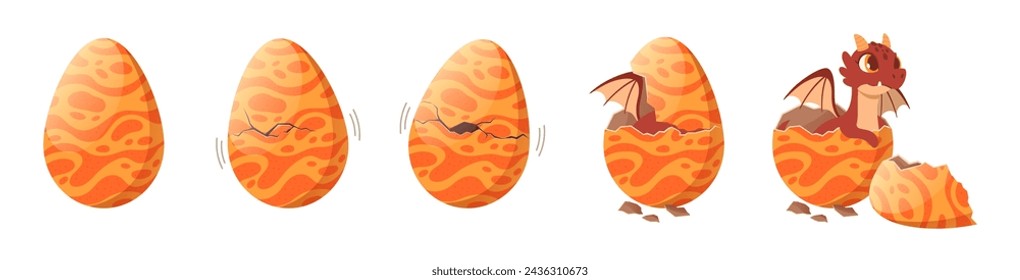 Dragon hatching from egg. Mythical fire dragon egg through incubation to birth, cartoon hatching process animation frames vector illustration set. Glossy orange cracked egg with cute reptile