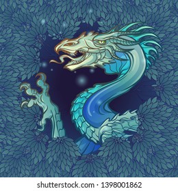 The Dragon head appearing from the lush foliage of the dark mysterious forest. Design for a tattoo, textile print or badge. EPS10 vector illustration
