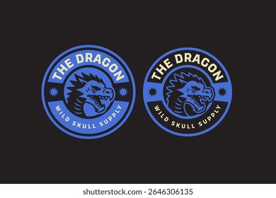 dragon head badge logo in retro style. fierce fantasy creature vintage emblem for branding. mythical beast animal mascot rustic patch for wildlife, adventure, outdoor clubs packaging and merchandise