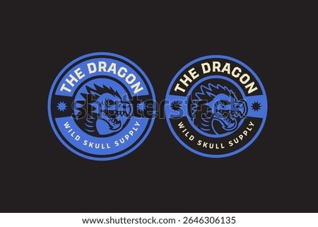 dragon head badge logo in retro style. fierce fantasy creature vintage emblem for branding. mythical beast animal mascot rustic patch for wildlife, adventure, outdoor clubs packaging and merchandise