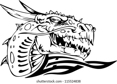 Dragon head. Black and white vector illustration.