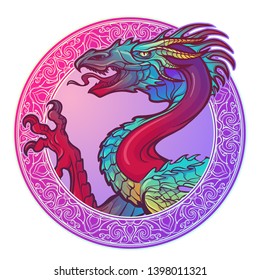 The Dragon head brightly colored encircled in a decorative frame and isolated on a white background. Design for a tattoo, textile print or badge. EPS10 vector illustration