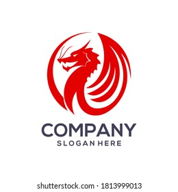 dragon head circle vector logo illustration,good for mascot,or logistic,logo industry,flat color with red.