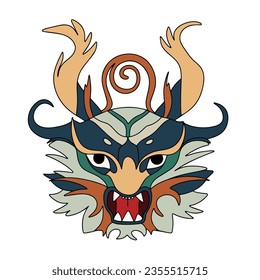 Dragon head colored outline. Hand drawn dragon face mask in doodle style isolated on white background. Vector illustration. Symbol 2024