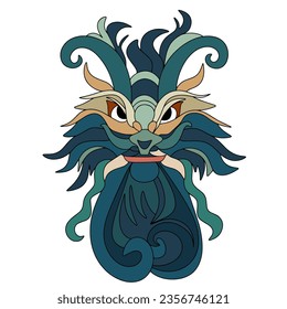 Dragon head colored outline. Hand drawn dragon mask. Doodle dragon face isolated on white background. Vector illustration.