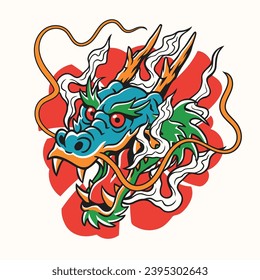 Dragon Head Colored Tattoo Design Illustration Old School